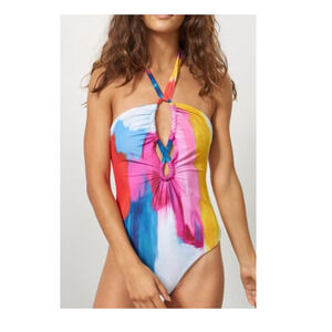MARA‎ HOFFMAN AYA BRUSHSTROKE PRINT HALTER ONE-PIECE Tropical Goddess Beachcore